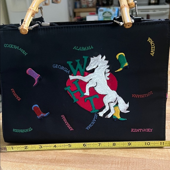 ( 0403) Women Black Designer Cowboy Boots Tote Bag W/ Bamboo Handle & WHT Art - Picture 3 of 7